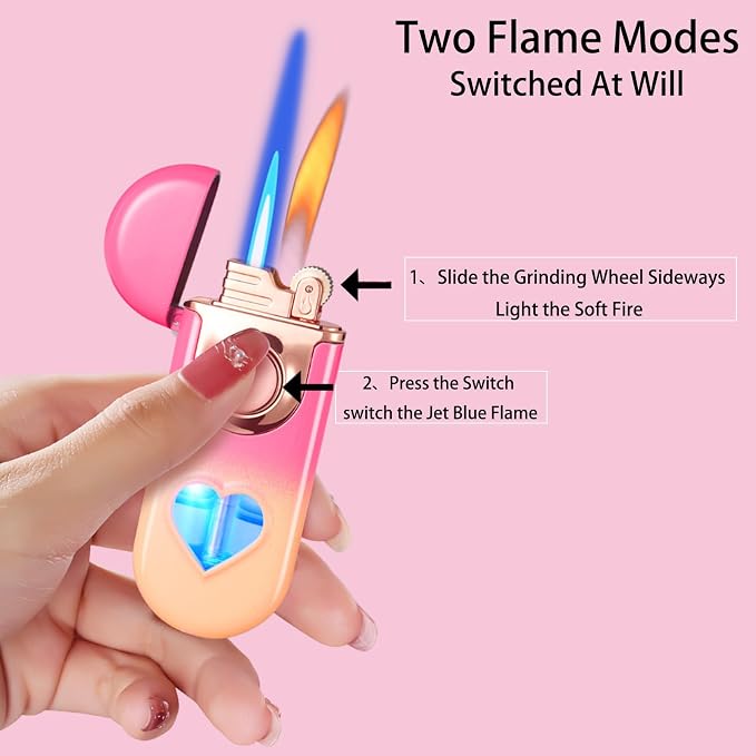Torch Lighter, Dual Flame Lighter with 6pcs Flint Stone, Windproof Lighter with Visible Gas Window, Adjustable Soft Flame and Jet Flame 2 in1,Refillable Butane Lighter for Outdoor Indoor - Gradient B