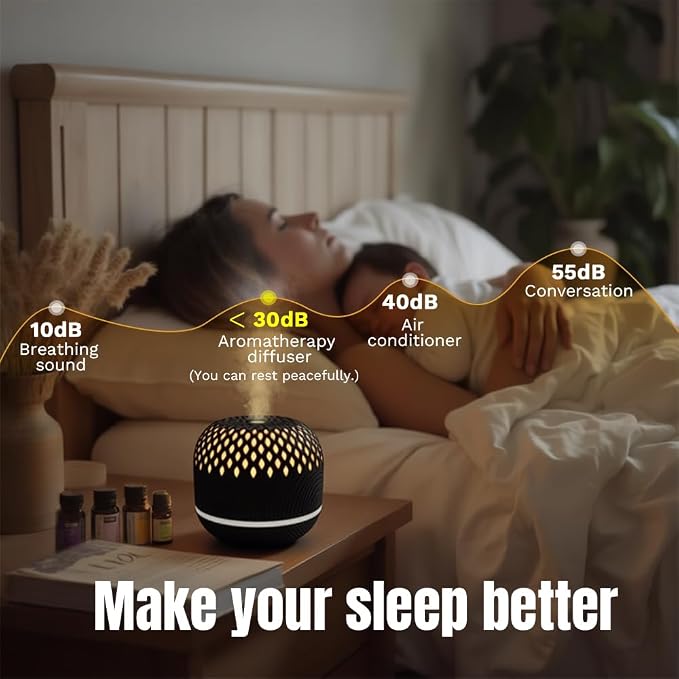 Essential Oil Diffuser 300ml for Home Bedroom, Aromatherapy Oil Diffuser with 3H 6H Timer, 7 Color Light, USB Type-C, Hollow Design, Auto Shut-Off(Dark Woodgrain, Openwork)