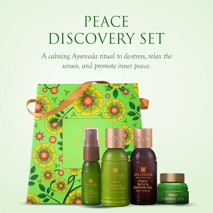 Spa Ceylon Ayurveda Peace Discovery Set - 4-Piece Natural Bath & Body Gift Set with Lavender, Lemongrass & Peppermint - Shower Gel, Body Lotion, Pillow Mist & Body Scrub