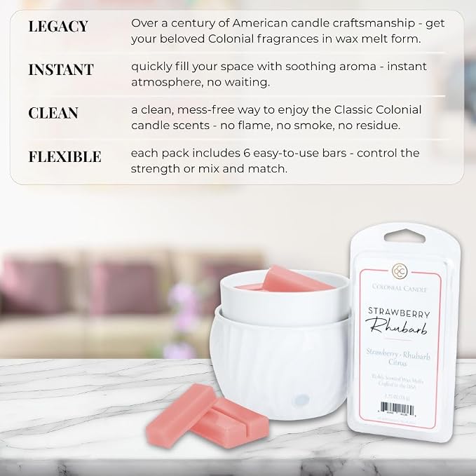 Colonial Candle Strawberry Rhubarb Scented Wax Melts, Wax Melt Warmer Cubes, Long Lasting Scented Wax Warmer Cubes, 4 Pack, 6 Cubes Each - Made in The USA