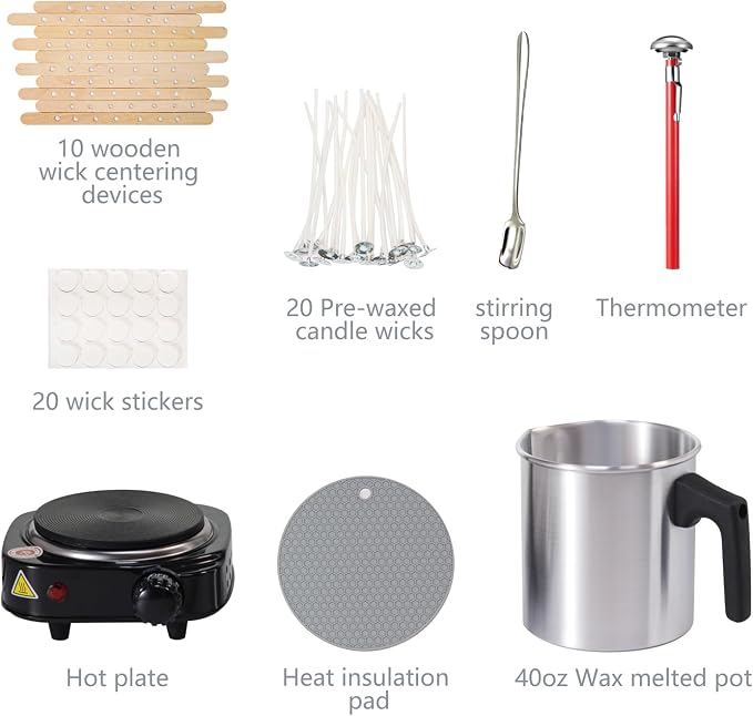Aroparc Wax Melting Pot with Hot Plate, 40oz/1200ml Pouring Pot | 5 Temperature setting hot plate, Large capacity melting pot 40oz, Candle making wicks&stickers, Thermometer and others
