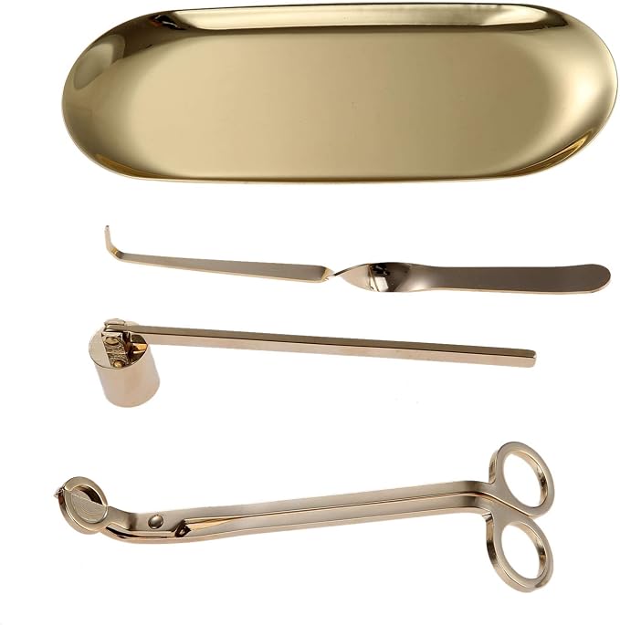 MUXSAM 4 in 1 Candle Accessory Set - Wick Snuffer, Wick Trimmer, Wick Dipper, Storage Tray Plate, Candle Care Tools Kit Gifts for Scented Candle Aromatherapy Lovers - Gold