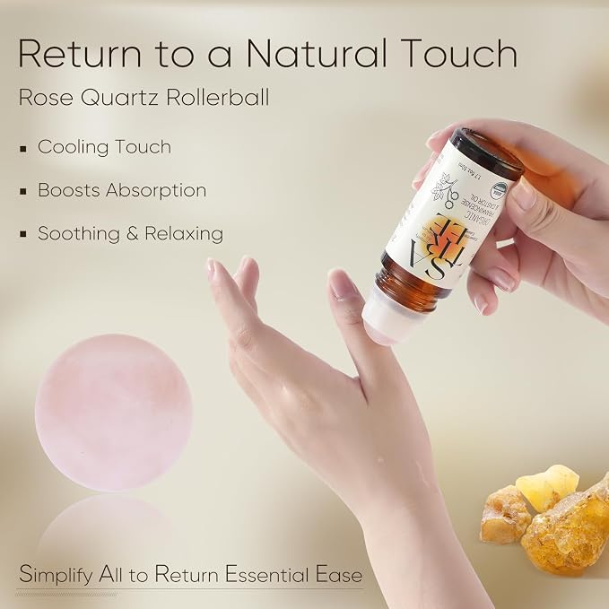 Organic Castor & Frankincense Oil with Rose Quartz Rollerball - USDA Certified Essential Blend Oil Roll-On, for Face & Body, Anti-Aging, Dark Circles (1.7fl oz)