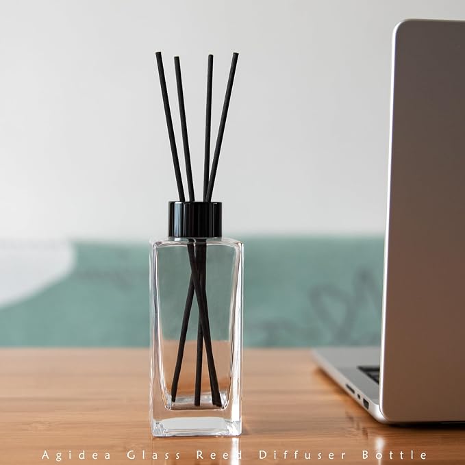 4PCS Empty Glass Fragrance Reed Diffuser Bottles, Refillable Diffuser Bottles with 20pcs Reeds Sticks & Black Caps & Funnel, Diffuser Jars for Home Oil Fragrance Decoration (200ML)