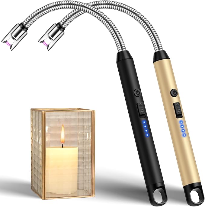 Upgraded 2 Pack Electric Candle Lighter with 360° Flexible Neck & Safety Lock, Windproof USB Rechargeable Flameless Arc Long Lighters for Grill, BBQ, Camping, Fireplace, Stove (Black & Gold)