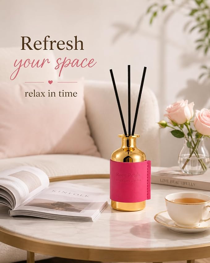 Reed Diffuser Set - Rose Petals, 2.7 fl oz (80 ml) Scented Oil Diffuser with Reed Sticks, Long Lasting Floral Home Fragrance for Bathroom Shelf Decor, Aromatherapy Gift for Women