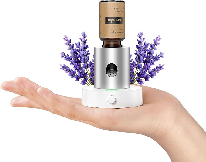 Mini Waterless Nebulizing Essential Oil Diffuser with 10ml Lavender Oil for Aromatherapy, Small Portable with Air Mist and Scent for Home, Room, House, Desk, Office, Travel - Silver