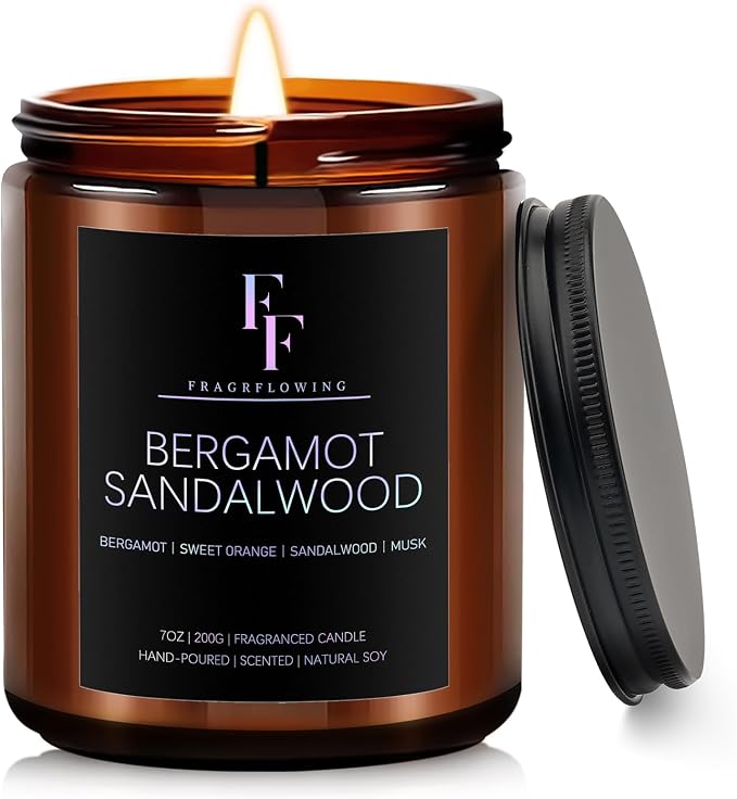 Bergamot Sandalwood Candle, Scented Candle for Home Soy Wax Candle, Aromatherapy Candle Gift for Women Men, 7oz