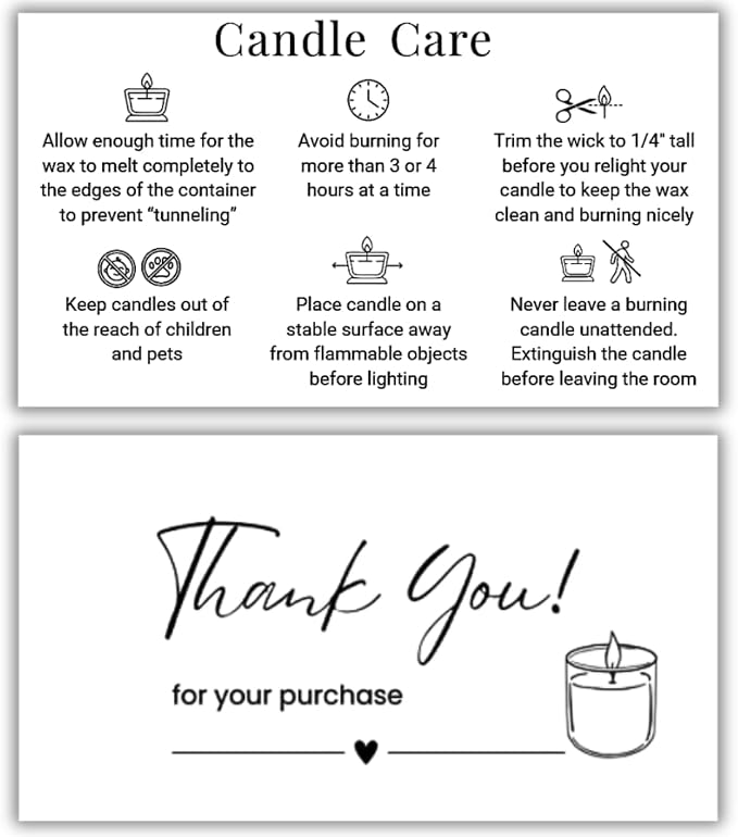 Handmade Candle Care Instruction Card, Candle Care Instruction Card, 3.5 x 2 in Business Card Size 50 Pack for Handmade Candle Makers