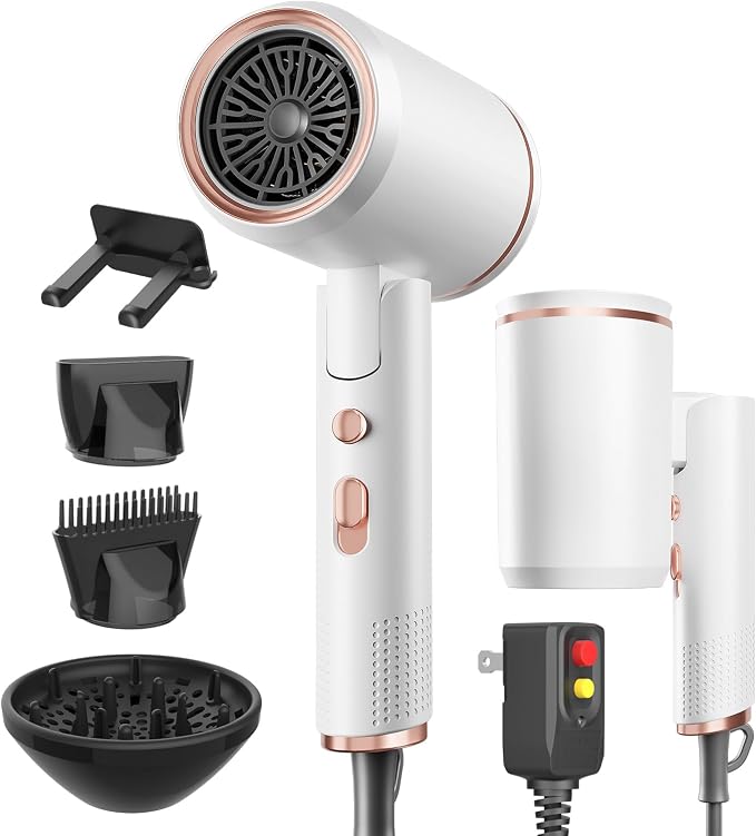 Foldable Portable Ionic Hair Dryer 1600W - Compact Mini Blow Dryer with Diffuser, Concentrator & Comb Nozzle, Intelligent Temperature Control, Low Noise for Home, Salon & Travel (White)