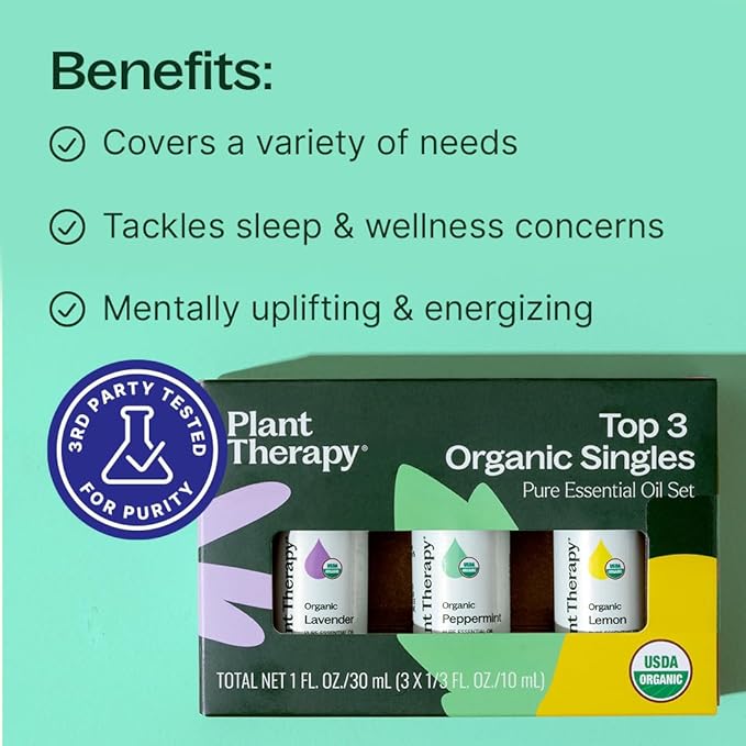 Plant Therapy Top 3 Organic Essential Oil Singles Set 10 mL (1/3 oz) Lemon, Lavender & Peppermint 100% Pure Essential Oils, Undiluted, Natural Aromatherapy for Diffusion and Body Care