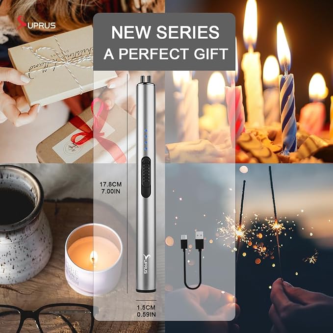SUPRUS Electric Arc Windproof Flameless USB Rechargeable Lighter with Safety Lock for Candle (Silver)