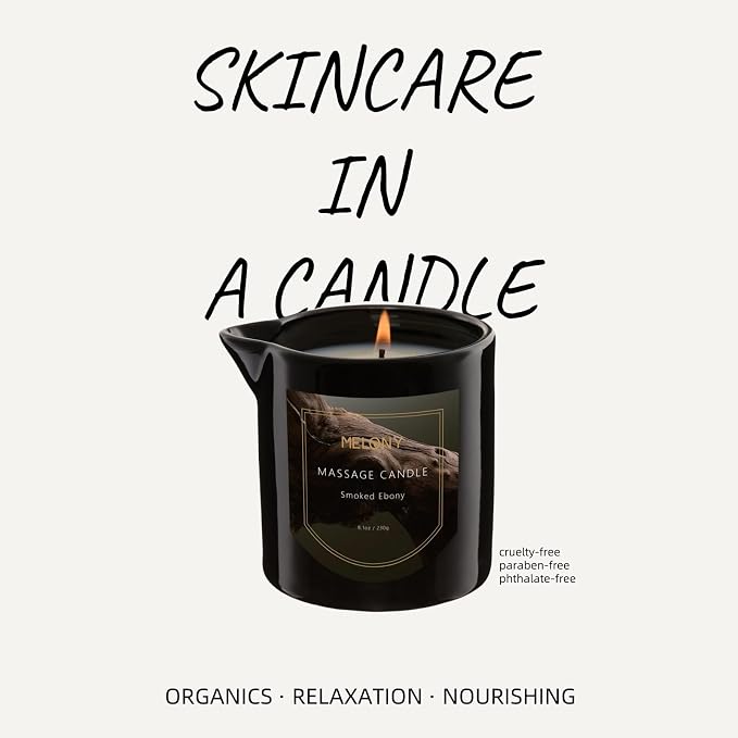 MELONY Luxury Massage Candle, Smoked Ebony, 8.1OZ | Moisturising, Body Oil Candles, Muscle Relaxation, Home Spa