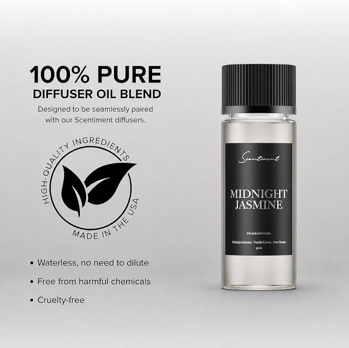 Scentiment Midnight Jasmine Diffuser Oil - Premium Hotel Scent with Notes of Jasmine, Vanilla Crème & Pear Nectar Home Scent, Hotel Fragrance Oil Diffuser Refill - 1.69 fl oz (50 mL)