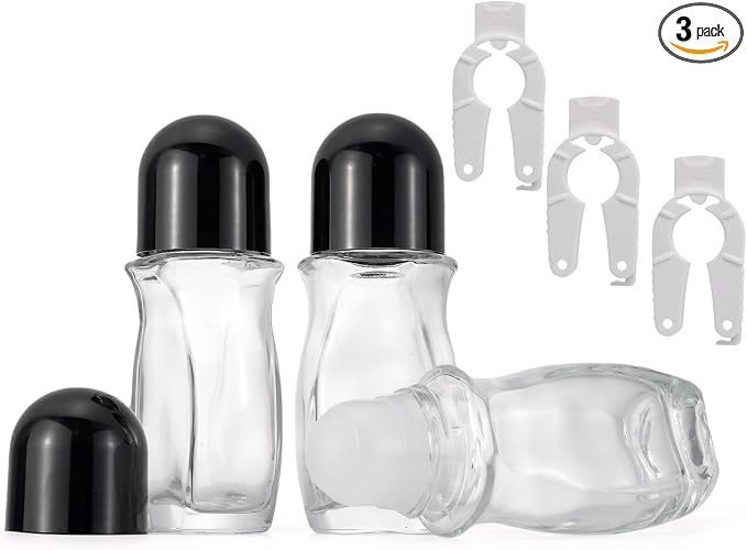 Clear Roll On Bottles, 3 Pack Deodorant Roller Bottles,50mL Essential Oil Bottle,Empty Glass Bottle with Plastic Ball for Perfume Refillable Travel Eye Rollers