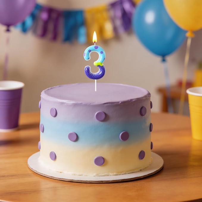 Number 3 Birthday Candle for Cake – Colorful Polka Dot & Patchwork Design – Fun Cake Topper Decoration for Birthday Celebration