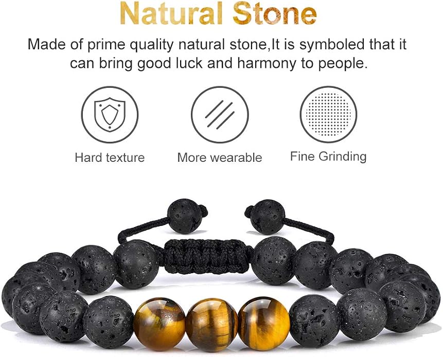 M MOOHAM Mens Bracelet - Beaded Natural Stone 8mm Tiger Eye Matte Agate Lava Rock Bracelets for Men Teen Boys Grandpa Dad Birthday Gifts Jewelry
