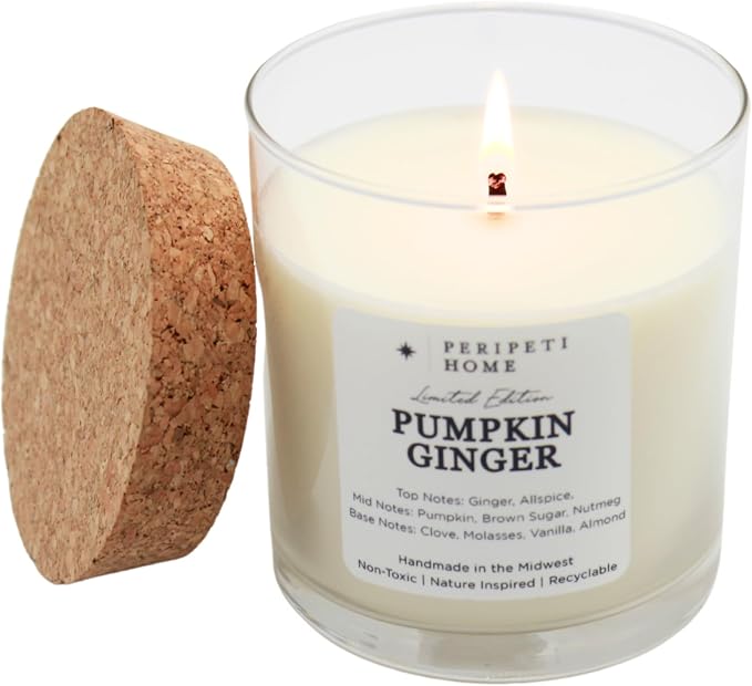 PERIPETI Home Pumpkin Ginger Scented Candle, Classic Wick – 8.5oz Natural Soy Wax for Energizing Aromatherapy, Long-Lasting Burn with a Cozy Fall Scent