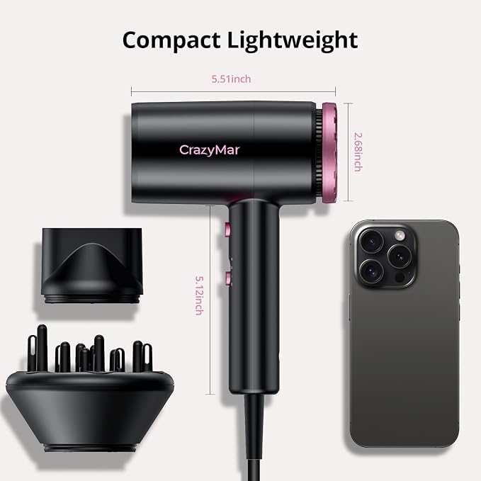 CrazyMar Hair Dryer, 1800W High Speed Blow Dryer for Fast Drying,500 Million Negative Ionic Hair Dryer, No Heat Damage, Lightweight, Blow Dryer with Diffuser for All Hair, Travel, Home (Back-1)