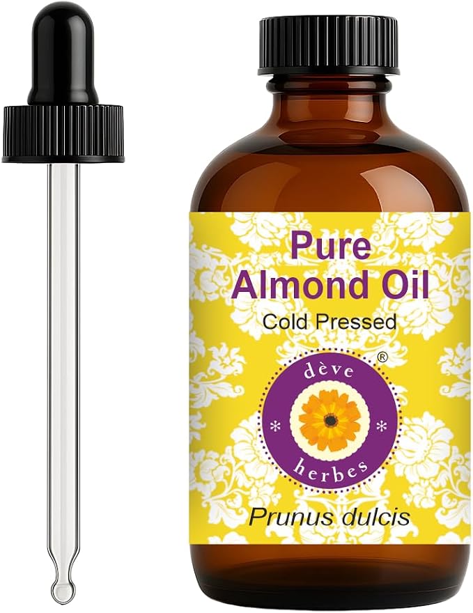 dève herbes Almond Oil (Prunus dulcis) with Glass Dropper | Cold Pressed | Pure | Natural | For Diluting Essential oils | For Skin & Massage | Non-Sticky | Lightweight | Unisex | 120ml (4 oz)