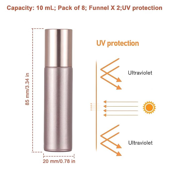 8Pcs 10ml Essential Oil Roller Bottles, 1/3 oz Refillable Roll On Vials with Funnels, Small Glass Containers with Stainless Steel Ball for Perfumes Aromatherapy Liquid, Matte Rose Gold