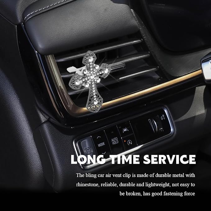 Bling Car Air Vent Clip, Crystal Cross Car Air Fresheners, Rhinestone Vehicle Air Conditioner Outlet Diffuser Vent Clip, Bling Car Interior Accessories Fit for Women and Man (Black, Style 1)