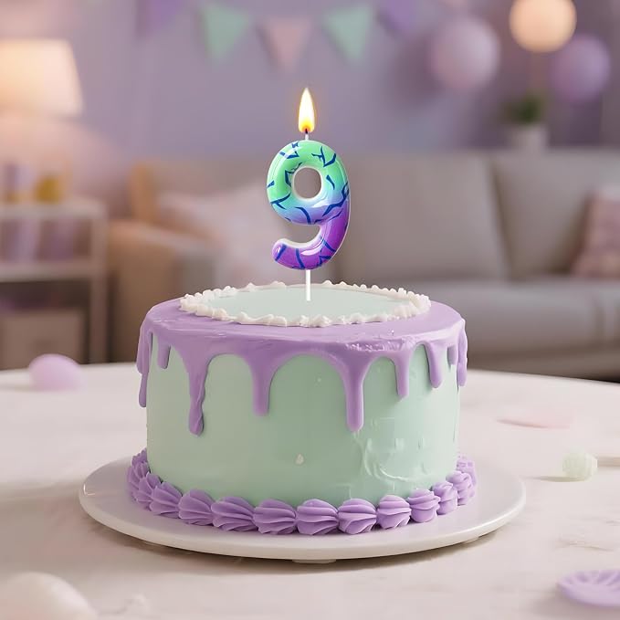 Number 9 Birthday Candle for Cake – Purple Green Gradient Number Candle with Mystic Rune Pattern, Decorative Cake Topper for Anniversary & Celebration