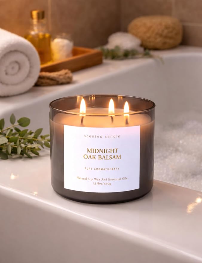 Midnight Oak Balsam 3-Wick Scented Candle | 15.8 oz Large Balsam Cedar Woodsy Soy Wax Candle for Home | Forest Calming Scented Candle | Clean Burning, Long Lasting | Candle Gift for Men & Women