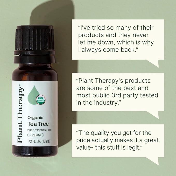 Plant Therapy Organic Tea Tree Oil (Melaleuca) 100% Pure, USDA Certified Organic, Undiluted, Natural Aromatherapy for Skin, Hair, and Toenails, Therapeutic Grade 10 mL (1/3 oz)