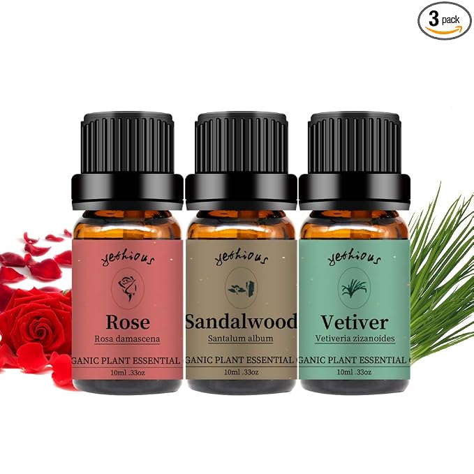 yethious 3 Pack Rose Sandalwood Vetiver Essential Oil Set Organic Pure Aromatherapy Oil for Diffuser Rose Oil Essential Oil