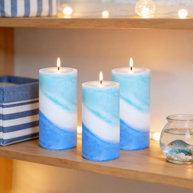 Crystal Club Ocean Scented Pillar Candle Set of 3, 70+ Hour Burning Time, 3X6 Inch Blue and White Candles, Ocean Breeze Scented Candles for Home Beach Decor