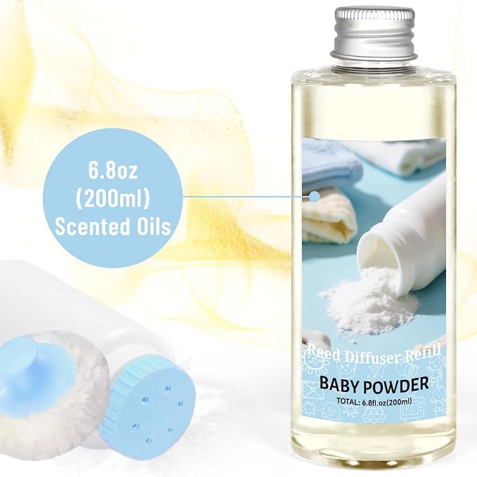 STRN Reed Diffuser Refill, Baby Powder Scented Reed Diffuser Set, 200ml with Sticks, Long-Lasting Aromatherapy, Summer Fragrance for Bedroom, Spa, Bathroom, Office