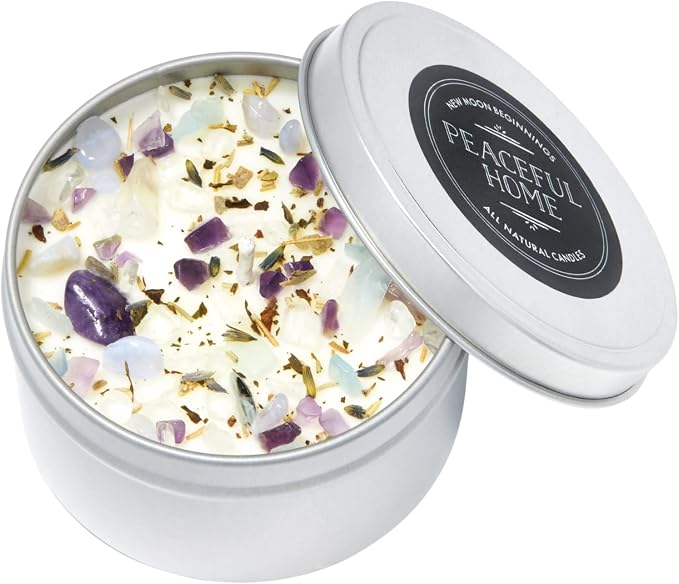 Peaceful Home® Candle by New Moon Beginnings - Stress Relief Candle - Energy clearing - All Natural Essential Oil Soy Candle - Crystal Candles (Peaceful Home, 8oz Tin)