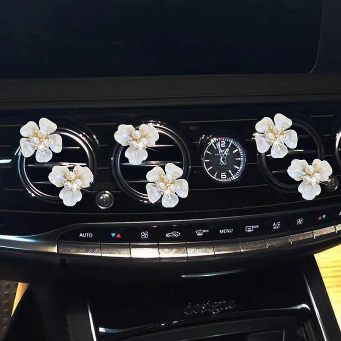 Bling Daisy 6 Pcs Pearl Flower Air Vent Clips - Cute Car Diffuser Vent Clip Rhinestone Decoration - White