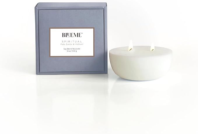 Blueme Balance Candle Refill | White Lotus & Tea | 2 Wick - Contains Essential Oil, Sustainable, Hand Finished, Hand Poured, Luxury Refill, Natural Cotton Wick, Soy-Wax Blend | Medium 12 oz