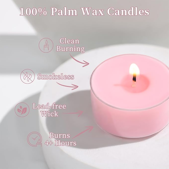 Scented Tea Lights Candles, Peach Sunset, 8 Pack – Pink Scented Tealight Candles – 100% Palm Wax, 6 Hour Burn Aromatherapy Tea Light Votive Candle for Thanksgiving, Gifts, Party Decor