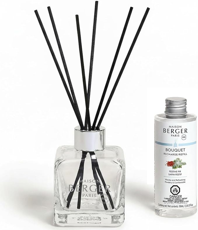 MAISON BERGER Reed Diffuser Bouquet, 100 ml, Festive Fir | Clear Glass Bottle, 8 Reed Sticks, 100 ml Refill, Up to 6-Week Passive Diffusion, No Flame, Made in France
