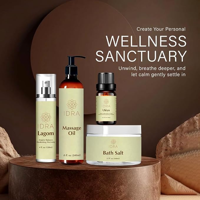 IDRA Deep Calm Ritual Set – Relaxing Bath & Body Gift Set with Dead Sea Bath Salts, Massage Oil, Face Mist & Essential Oil | Spa Self-Care Kit for Stress Relief & Better Sleep