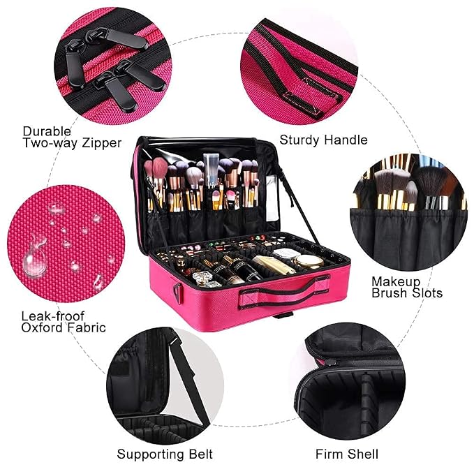 gzcz Large Capacity 16.5 inches Professional Travel Makeup Train Case Portable Artist Cosmetic Brush Organizer Storage Bag With Adjustable Dividers And Shoulder Strap for Toiletry Jewelry （Rose Red）
