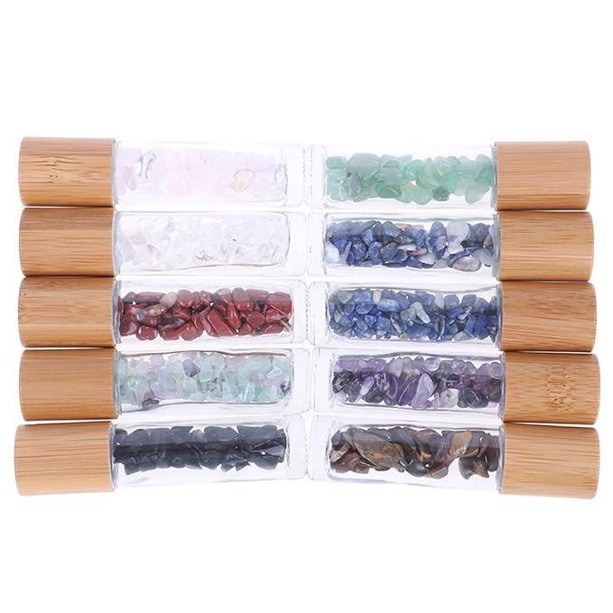 5 Pack 10ml Clear Roll On Bottles With Natural Chakra Crystal Chips for Essential Oils,Perfume Glass Roller Bottles Container Bamboo Lid,Crystal Roller,Pipette&Opener Included (Tiger Eye)