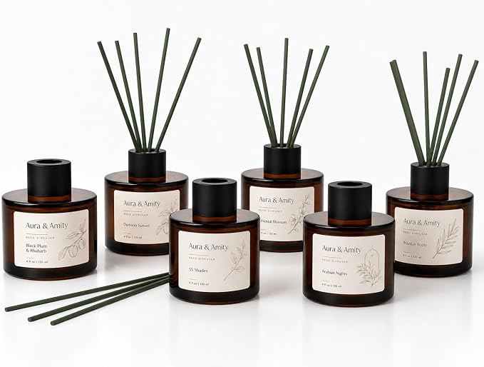 Aura & Amity Luxury Reed Diffuser Set - Damson Sunset Scented Oil Diffuser for Home, Bedroom & Bath - Long Lasting Clean Fragrance - Premium Summer Collection Room Decor & Housewarming Gift