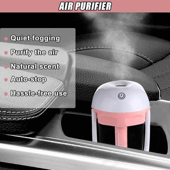 Car Humidifier, Portable Mini Aromatherapy Essential Oil Diffuser, 180-Degree Rotation Cool Mist Humidifier, Vehicle Air Freshener Diffuser with 12V Charging Port for Home Office (Pink)
