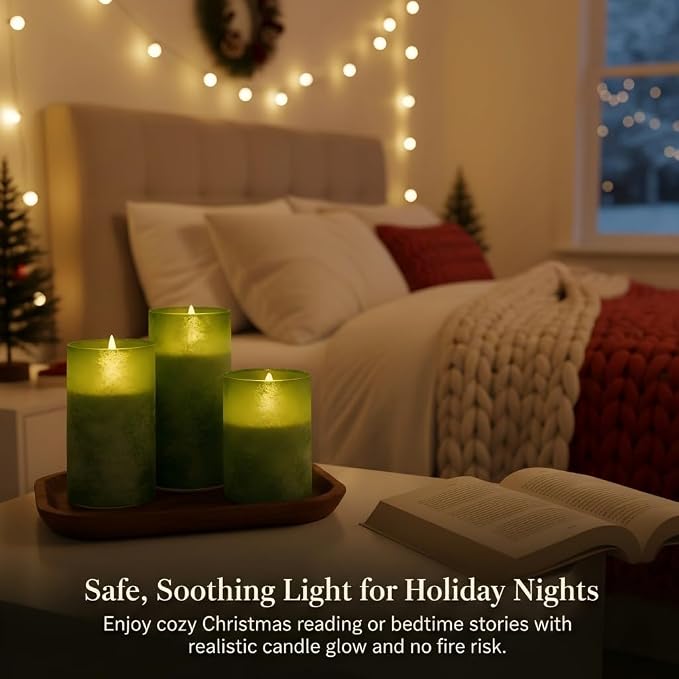ANGELLOONG Green Flameless Candles with Remote, Glass Battery Operated LED Pillar Candles Flickering for St. Patrick's Day Christmas Home Decor, Set of 3
