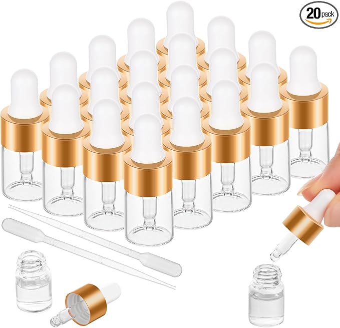 20 Pack Mini Dropper Bottle for Cuticle Oil, 2ml Small Sample Essential Oil Dropper Bottles for Travel, Clear Empty Vails for Cosmetic Perfume