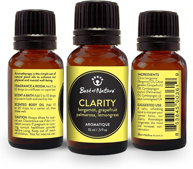 Best of Nature Clarity Essential Oil Blend – Bergamot, Grapefruit, Palmarosa & Lemongrass – 100% Pure for Diffuser, Focus & Mental Boost – Fresh Aromatherapy