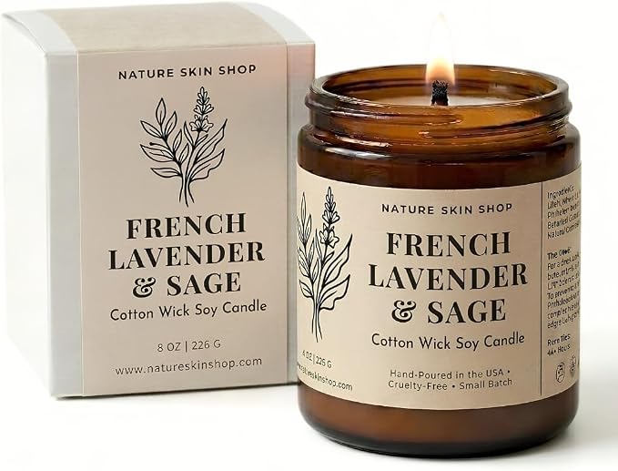 Nature Skin Shop French Lavender and Sage Artisan Soy Candle Calming Aromatherapy Home Fragrance Vegan Cotton Wick 8 oz