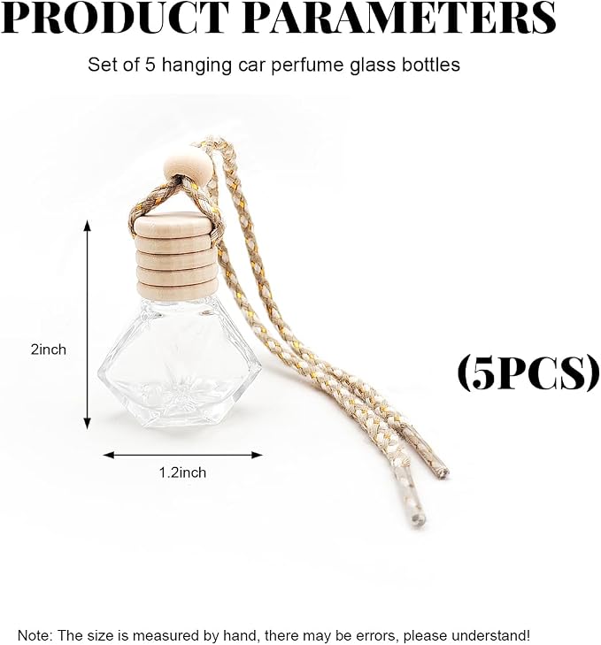 5 PCS Hanging Car Air Freshener, 8ml Empty Clear Glass Perfume Bottle Freshener Diffuser, Essential Oil Fragrance Aromatherapy Bottle Ornament for Car, Interior Car Accessories (Rhombic)
