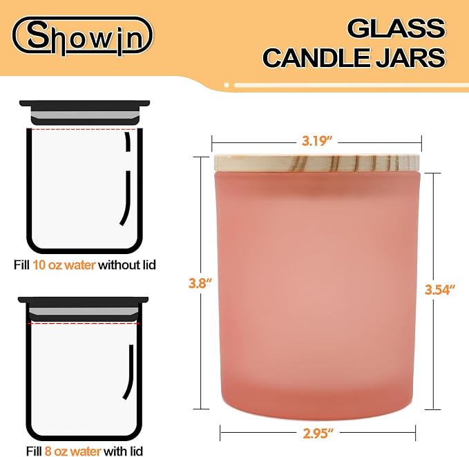 SHOWIN 10 OZ Thick Candle Jars for Making Candles 15 Pcs, Empty Jars with Wood Lids for Candle Making, Sample Container, Frosted Pink