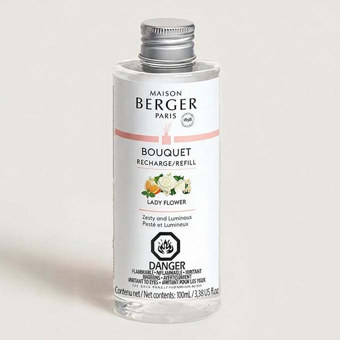 MAISON BERGER Reed Diffuser Bouquet, 100 ml, Lady Flower | Clear Glass Bottle, 8 Reed Sticks, 100 ml Refill, Up to 6-Week Passive Diffusion, No Flame, Made in France