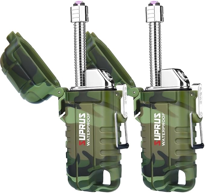 SUPRUS Waterproof Lighter Windproof Lighter Arc Plasma Lighters USB-C Rechargeable with Expandable and Flexible Neck for Outdoor, Camping & Kitchen (Camouflage, 2Packs)